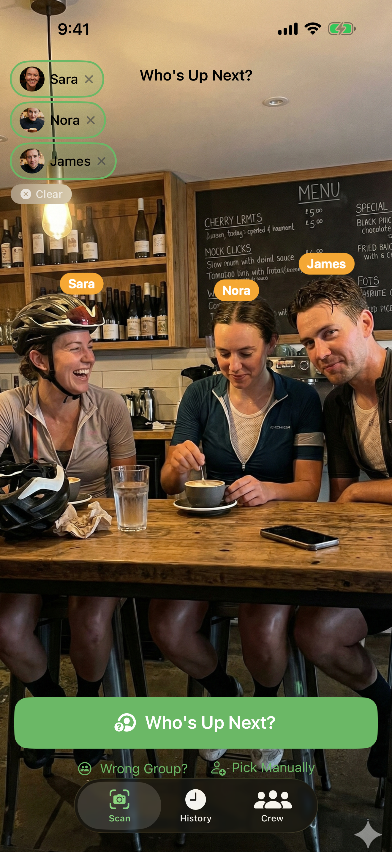 Scanner view recognising faces at a cafe